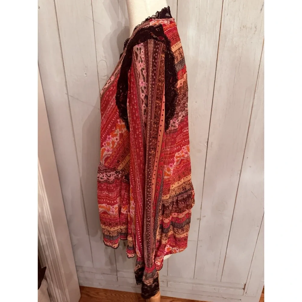 Free People Natalie Boho Printed Long Sleeve Top in Plum Red Lace‎ Black Sm